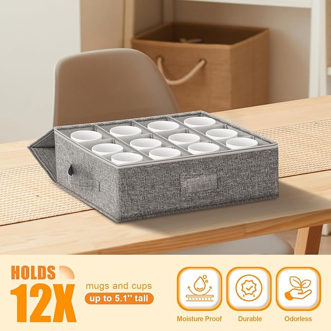 Kukikan Coffee Mug Storage Box 2 Pack with Dividers, China Storage Containers Organizer Moving Supplies, Hard Shell & Stackable for Coffee Mugs, Tea Cups w/Sturdy Lid & Handles, 24 Compartments, Grey