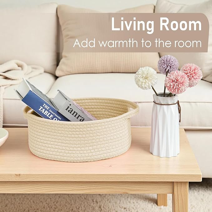 JMvicyroam Woven Basket,Small Rope Storage Bin with Handles & Ribbon Bag, Organizer for Shelves Closets,Gift Basket Empty for Birthday,Books,Dog Toys,Beige/2 Pack