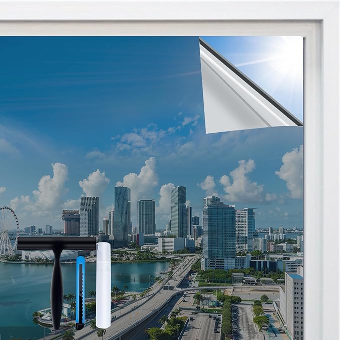 Volcanics One Way Window Privacy Film with Installation Tools 17.5 x 77.6 Inches, Sun Blocking Window Tinting Film for Home Heat Control Mirror Tint Film Static Cling, Silver