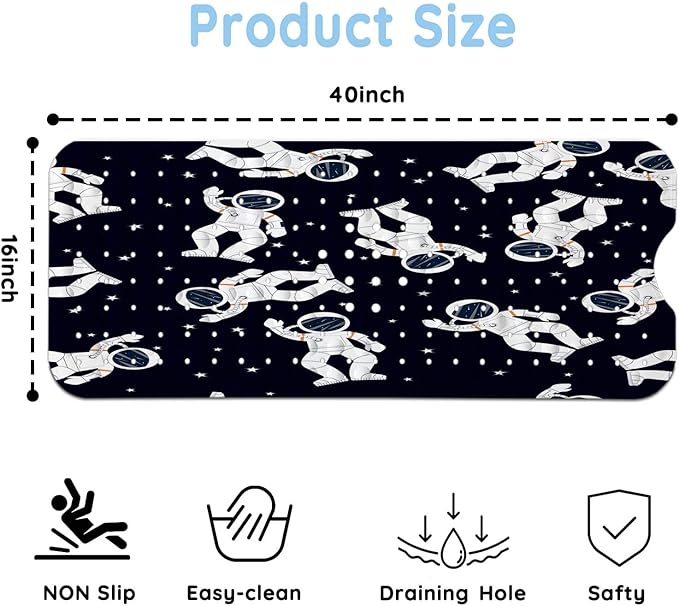 KINUUIS Bathtub Mats for Kids, Black Astronaut Bath Mat for Tub Non Slip, 40 X 16 Inch Large Washable Bathtub Mat Non Slip for Showers with Drain Holes and Suction Cups