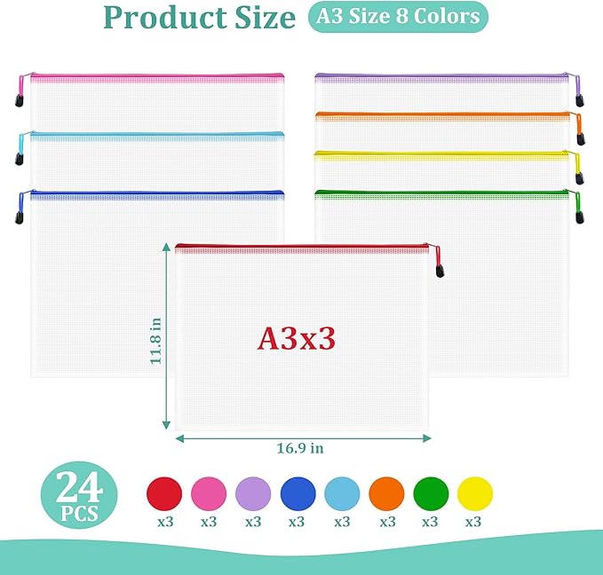 VVCOIIROEI Mesh 24pcs Zipper Pouch Bags - A3 Size, 8 Color Mesh Zipper Pouches for Organizing, Board Game, Travel, School & Office