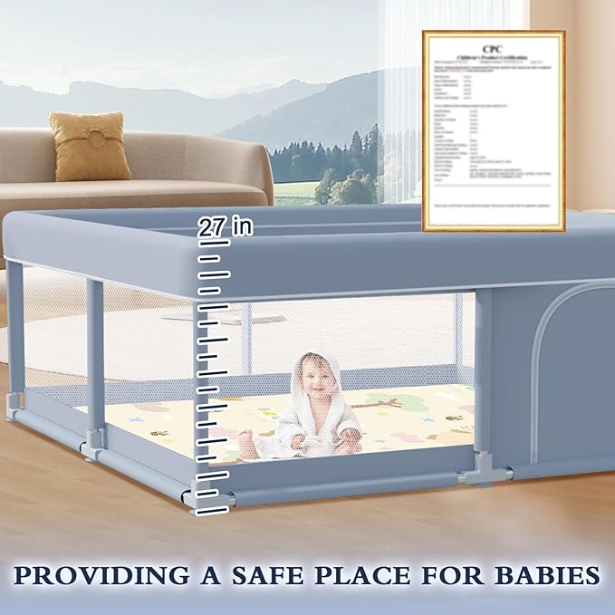 50 x 50 Inch Baby Playpen with Mat, Playpen for Babies and Toddlers, Baby Playard for Indoor & Outdoor Active Center Game Fence, with Skin-Friendly Fabric and Soft Breathable Mesh, Grey