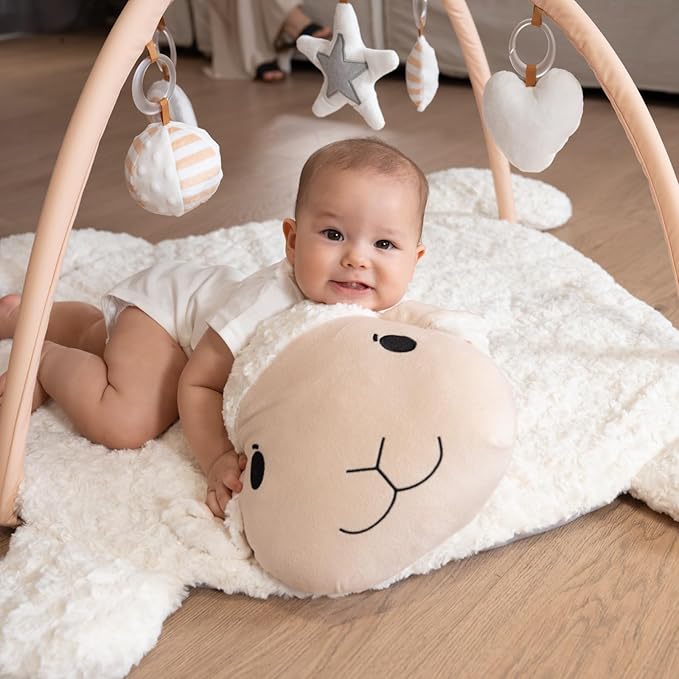 LADIDA Baby Play Mat, Tummy Time Mat with 5 Toys, Washable Baby Activity Mat for Visual, Hearing, Sensory, Motor Development, Little Sheep Playmat