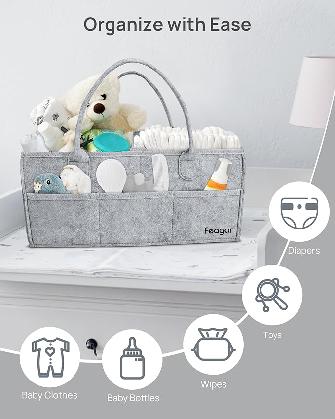 Feagar Baby Diaper Caddy Organizer, 15 Inch Large 2 Pack Set with 8 Pockets & 2 Dividers, Portable Nursery Storage Basket & Car Organizer for Changing Table, Travel (Grey)