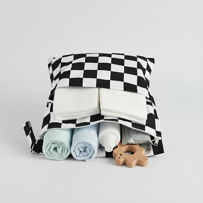 Ohocut Black Checkered Waterproof Wet Dy Diaper Bag for Baby Essentials, Travel, Swimsuit, Beach Bag Accessories, Aesthetic Trendy Cute Toddler Baby Cloth Bag Pouch, Pack of 2