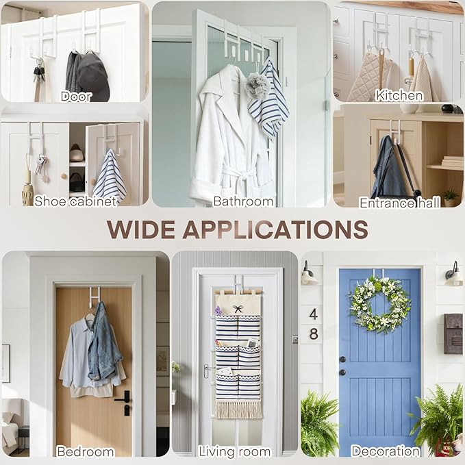 FYY 2 Packs Over The Door Hooks, Double Sided Door Hanger Hook - Heavy Duty No Drill Wall Hooks for Hanging Coats, Towels, Bags, Kitchen Closet Fits Most Doors Up to 1-7/8" Thickness (5.12" L, White)