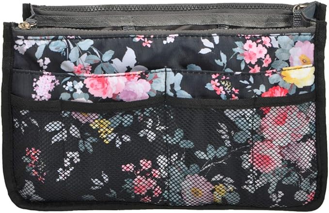 Vercord Purse Organizer Insert for Handbags Bag Organizers Inside Tote Pocketbook Women Nurse Nylon 13 Pockets Peony Flowers Medium