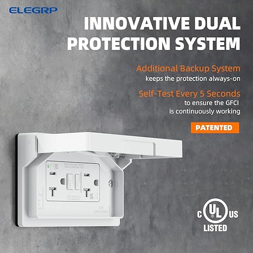 ELEGRP Horizontal Outdoor GFCI Outlet with Cover, Weather Resistant GFCI Receptacle and Wall Plate, 20 Amp Self-Test GFI Outlet, Thinner Design Ground Fault Receptacle, UL Listed, Matte White, 2 Pack