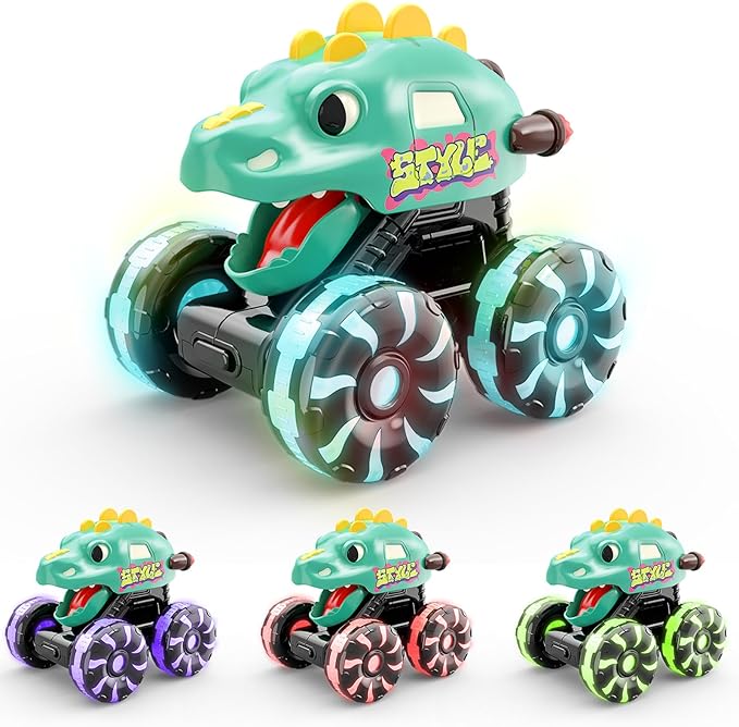 Intoypad Green Dino Monster Truck – LED Light-Up Press and Go Toy Car for Toddlers Age 2 3 4 5 – Dinosaur Truck with Flashing Wheels and Chomping Mouth for Boys and Girls
