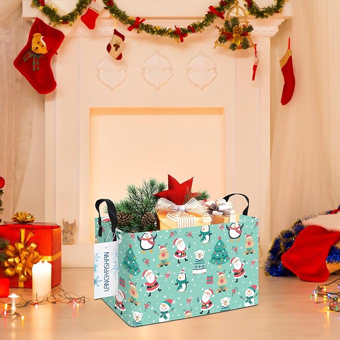 LANGYASHAN Rectangular Christmas Santa Claus Storage Basket with Handles for Organizing Home Kitchen Boys and Girls Toys Office Closet Shelf Baskets (Rec Penguin Santa Claus)