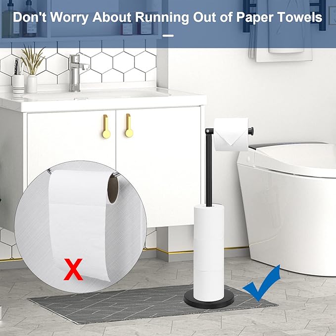 NearMoon Bath Toilet Paper Holder Stand- Modern Tissue Roll Holder Standing with Balanced Base, Rustproof Toilet Roll Holder for Bathroom/Kitchen Countertop (Matte Black, Stainless Steel Base)