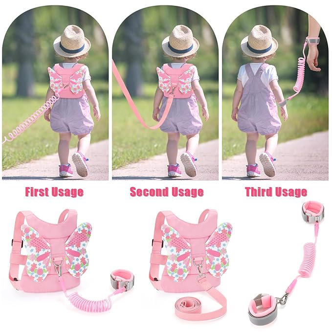 Toddler Leash Anti Lost Wrist Link, Butterfly Kids Safety Harness with 49 Steel Wires for Girls, Walking Wristband Belt for Baby Travel Outdoor Airport Mall Zoo