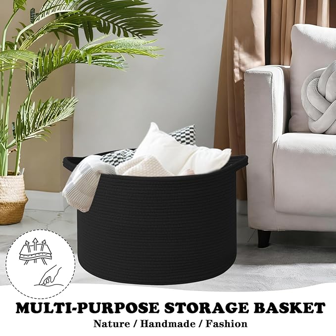 Large Storage Basket with Handle,23.6" x 23.6" x 15.7" Blanket Basket Storage Bins for Organizing,115L Cotton Rope Woven Baskets for Living Room, Nursery,Bedroom,Black