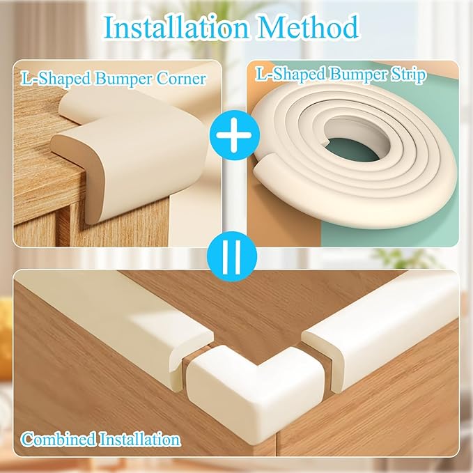 ZOMPAGO Baby Proofing Edge & Corner Protectors, 1 Roll White Foam L-Shape Self-Adhesive Bumper Strip + 8 Corner Guards, Wall & Furniture Safety Bumpers for Nursery, Kitchen, Fireplace, Table, Desk