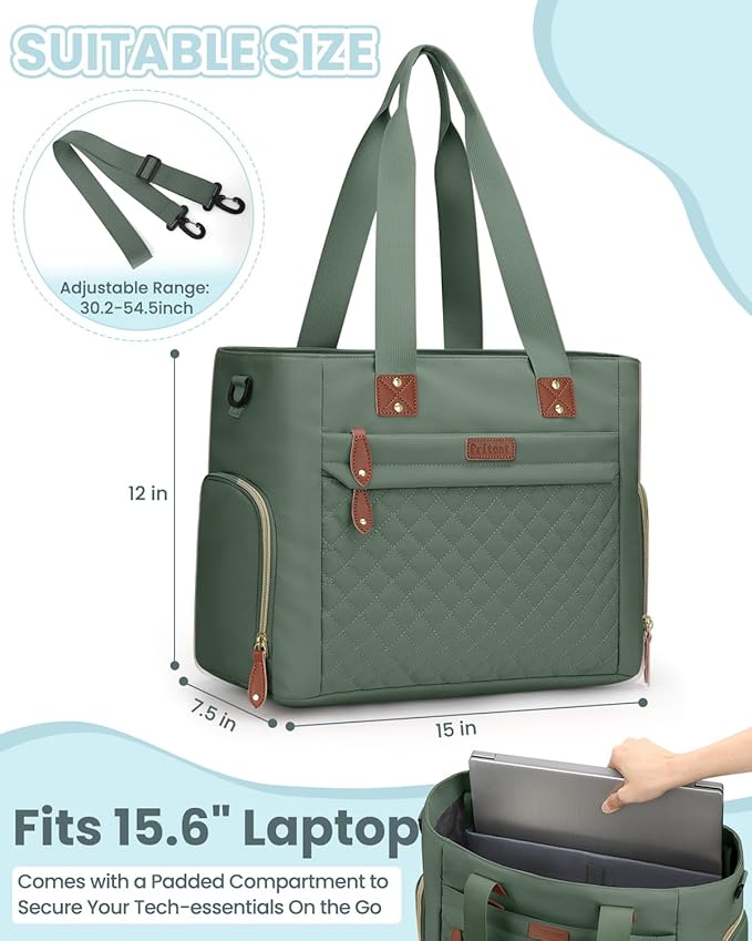 Pritent Diaper Bag Tote for Working Mom, Large Travel Diaper Tote for Mom and Dad with 14 Inch Laptop Sleeve, Mommy Maternity Travel Baby Bag for Boys and Girls, Green