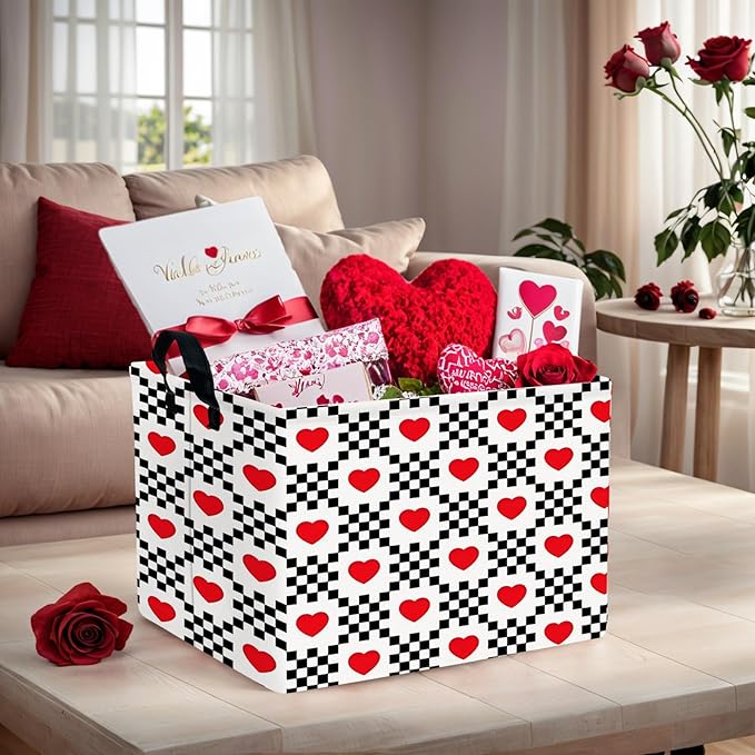 ASKETAM Valentine's Day Basket for Gifts Empty Cute Heart Large Gift Basket Decorative Storage Bin for Kid and Baby Room Décor (Black and White Checkered Heart)