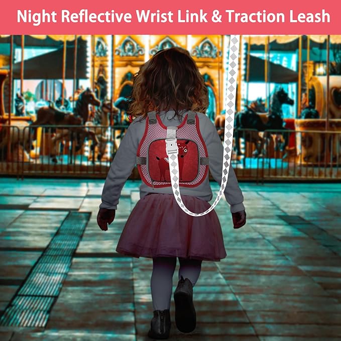 Accmor Toddler Harness Leash + Anti Lost Wrist Link, Adorable Deer Kids Harness with Leash, Collapsible Child Walking Belt Pocket Breathable Wristband Tether Protector for Baby Girls to Outdoor Travel