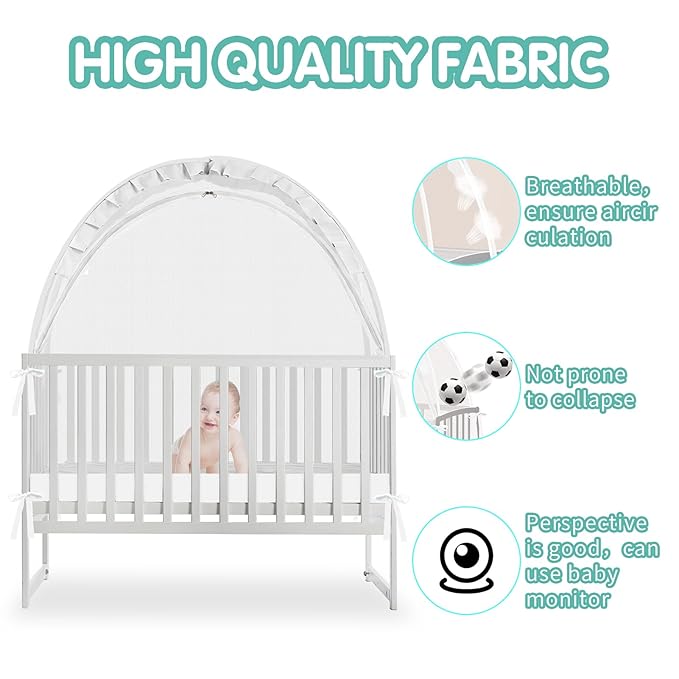 Crib Tent - Crib Net to Keep Baby in, Stop Baby from Climbing Out of Crib, Pop Up Crib Tent with Durable Breathable Net Double Zipper Strong Rods Installation Convenience