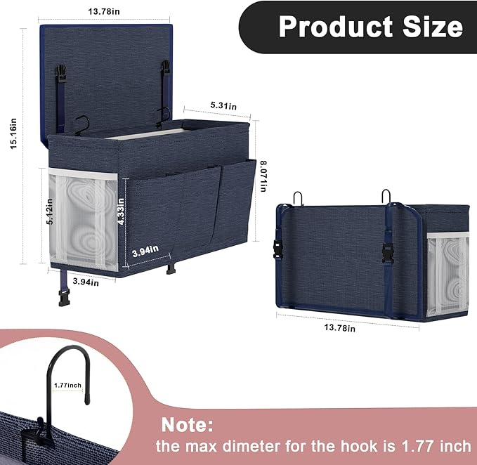 Edudif Dual-purpose Bedside Caddy Bedside Organizer, Bed Caddy with 6 Pockets, Versatile Bedside Storage Solution Magazine Remotes holder, ideal for Home, Dorm, Hospital, Crib Bed (Navy)