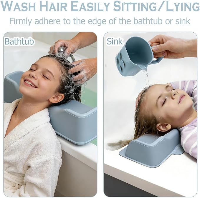 nestery Silicone Portable Shampoo Bowl, Hair Washing Station for Kids and Elderly with Rinse Cup & Scalp Massager, Hair Washing Basin for Sink or Bathtub at Home with Neck Support