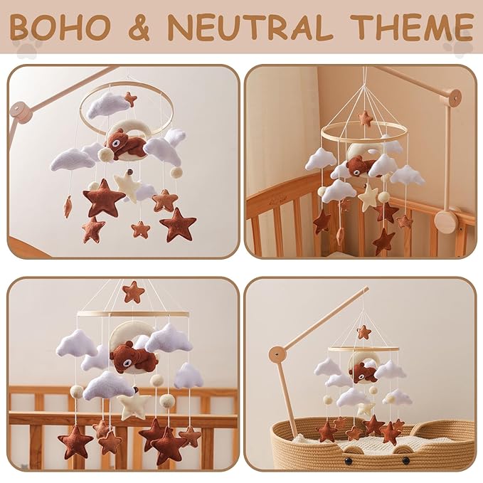 Baby Mobile for Crib – Handmade Hanging Felt Nursery Mobile – Fits Most Crib Arms – Gender-Neutral Boho Nursery Decor & Baby Gift