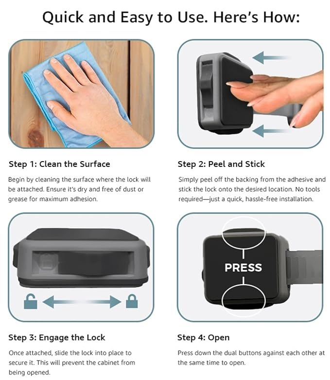Autumn Bliss Co Cabinet Locks Baby Proofing (6-Pack Black) - Child Proof Cabinet Locks, No Drilling, Easy Installation, Adjustable & Reusable, Drawer Locks Baby Proofing