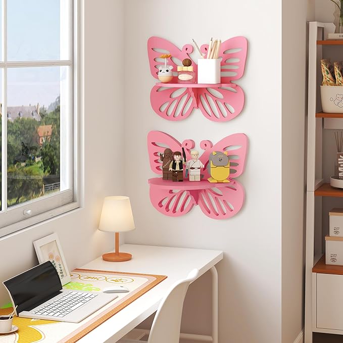 2-Tier Butterfly Wall Shelf - Nursery Decor Pink Floating Corner Shelves, Cute Wall Display Rack Bookshelf for Kid’s Room, Solid Wood Hanging Hollow Out Shelf for Toys, Plants and Decorations Storage
