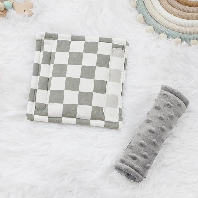 DILIMI Baby Car Seat Belt Covers, 2Pcs Carseat Shoulder Strap Pads, Soft Minky Car Seat Neck Covers, Newborn Car Seat Strap Protectors, Stroller Strap Covers for Baby Kids, Grey Checkered