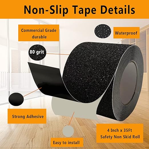 Heavy Duty Anti Slip Tape, 4 Inch x 35Ft Black Grip Tape for Stairs Outdoor Waterproof Non Skid Safety Walk Abrasive Adhesive Tape for Outdoor Indoor Stairs Steps Ramps Treads Floors Boats Skateboard