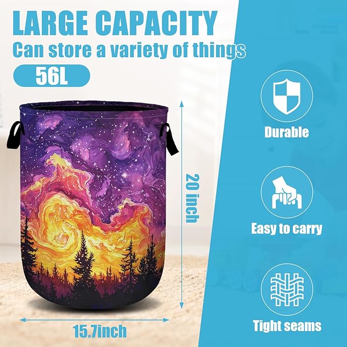 Purple Galaxy Forest Laundry Basket, Laundry Hamper Collapsible Oxford Cloth with Handle Clothes Toy Storage Bin for Bathroom Laundry Room Bedroom 15.7 X 20 Inch