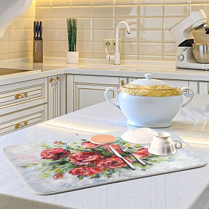 Absorbent Dish Drying Mat for Kitchen Counter - Red Rose Oil Painting Microfiber Drying Pad, Reversible Drainer Mats for Countertop, Small 16" x 18"
