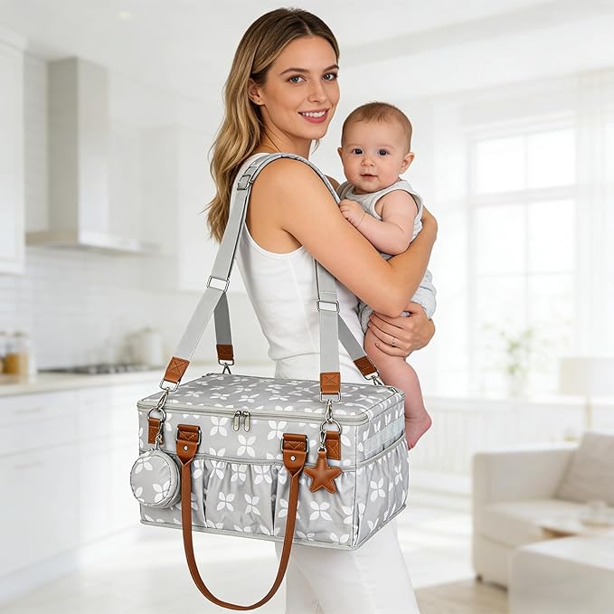Moteph Diaper Caddy with Changing Mat, Large Baby Diaper Caddy Organizer with Lid, Portable Organizer Basket for Nursery and Car, Shoulder Strap and Pacifier Organizer