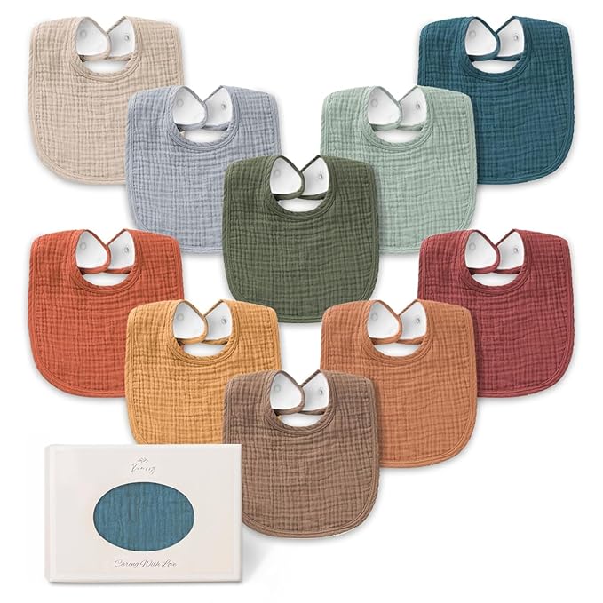 Konssy 10-Pack Muslin Baby Bibs, Soft Cotton Bandana Bibs for Drooling & Teething, Unisex Solid Colors for Boys & Girls, Newborn & Infant