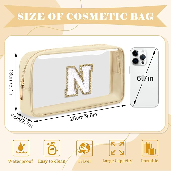 Personalized Initial Letter Clear Makeup Bag,Preppy Small Nylon&PVC Cosmetic Zipper Bag with Chenille Letter,Portable Beach Travel Skincare Toiletry Bag,Trendy Monogram Gift for Teen Girls Women,N