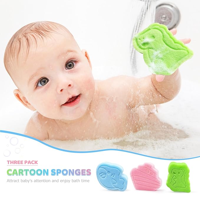 DANCELF Baby Bath Sponge, Natural Cute Shapes Soft Shower Sponges for Bathing, Bathtub Foam for Infants and Toddler, 3pcs : Blue Whale, Pink Ship, Green Dinosaur