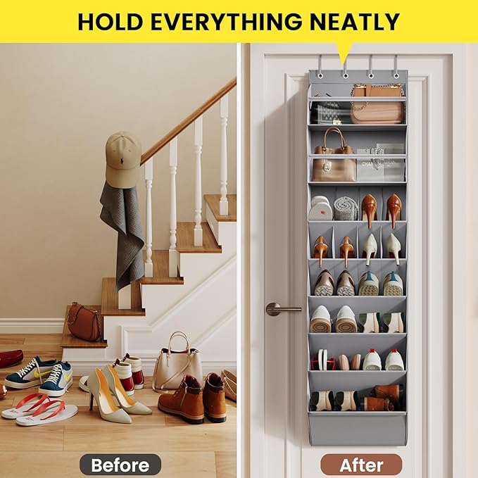 Mefirt 8 Tier Clear Over the Door Shoe Organizer with Deep Pockets, Door Shoes Rack with hard Cardboard and Tubes to Keep the Shape, Hanging Shoe Rack for Closet Organizers, Shoe Holder Grey