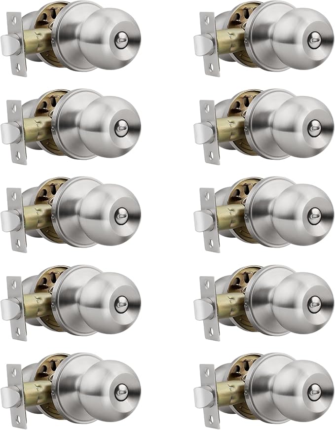 Knobonly 10 Pack Privacy Door Knobs Satin Nickel, Keyless Door Knobs Interior for Bedroom and Bathroom, Round Door Handles Stainless Steel, Classic Design