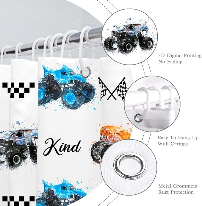 Kids Monster Truck Shower Curtain Cool Boys Cartoon Cars Inspirational Motivational Words Blue Green Orange Bathroom Decor Waterproof Fabric 72Lx72W inch with 12PCS Hooks