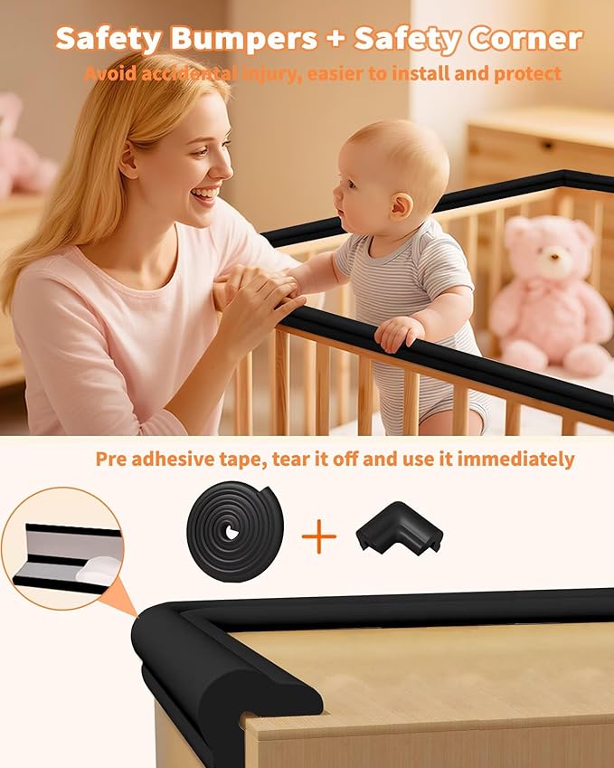 QYV Edge Protector for Baby Proofing, 6.6FT 0.67’’Th L-Shape Air Buffering Soft NBR Rubber Foam Furniture Edge Bumper Guards with 6 Corners, Pre-Taped, Thick Table Bumper Guard for Babies (Black)