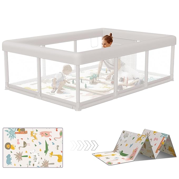 Hiaksedt Baby Playpen 74x50 in PlayPen for Babies and Toddlers, Large Play Yards for Indoor & Outdoor with Zipper Gates, Breathable Mesh with Mat