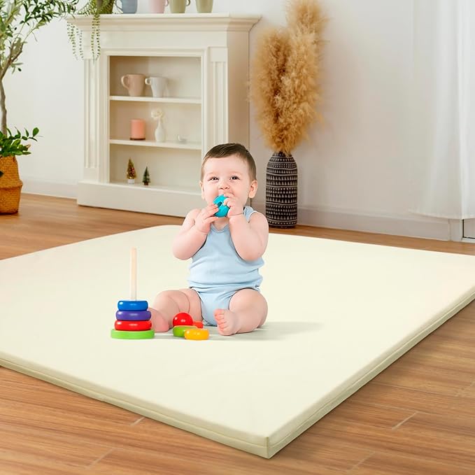 Baby Play Mat for Boy or Girl - 1.4" Extra Thick & Super Soft Vegan Leather Floor Mat, Waterproof & Anti-Slip Baby Crawling Mats, Playmats for Babies and Toddlers, Playpen Mat Fits Any Playroom, Beige