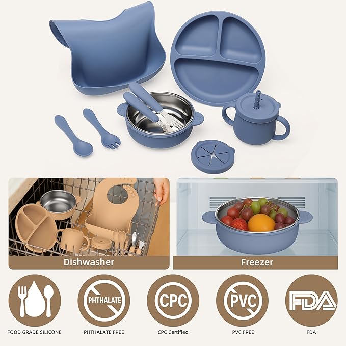 27 Pack Silicone Baby Feeding Set, Food Grade Silicone Baby LED Weaning Supplies, Include Suction Plates, Baby Bowls, Bibs, Fork & Spoon, Training cup with straw, 6 Months+(Brown, Blue, Green)
