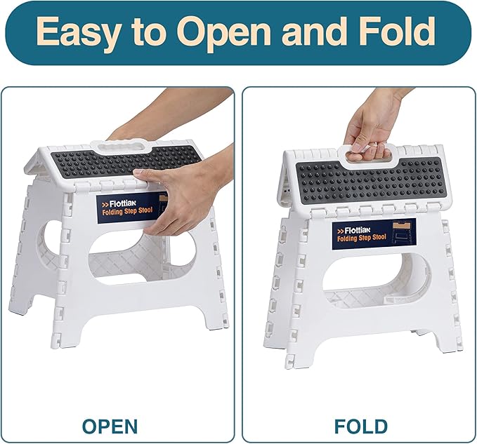 Flottian 11" Folding Step Stool for Adults and Kids Holds Up to 300 lbs,Non-Slip Folding Stools with Portable Handle, Compact Plastic Foldable Step Stool for Bathroom,Bedroom, Kitchen, White,1PC