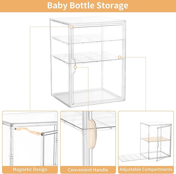 Lifelongpal Baby Bottle Organizer, 3-Tier Clear Bottle Station Organzier for Countertop Cabinet, Acrylic Storage Organizers Container with Magnetic Door for Bottles, Pacifiers, Pump Parts