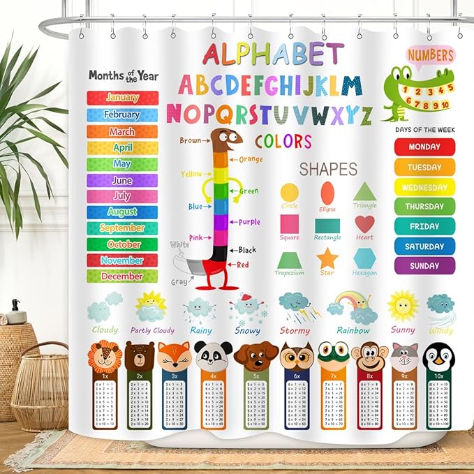 ABC Educational Shower Curtain Kids Learning Tool Funny Cartoon Animals Colors Shapes Weathers Multiplication Table Girls Boys Colorful Decor Waterproof Fabric 72Lx72W Inch with Hooks