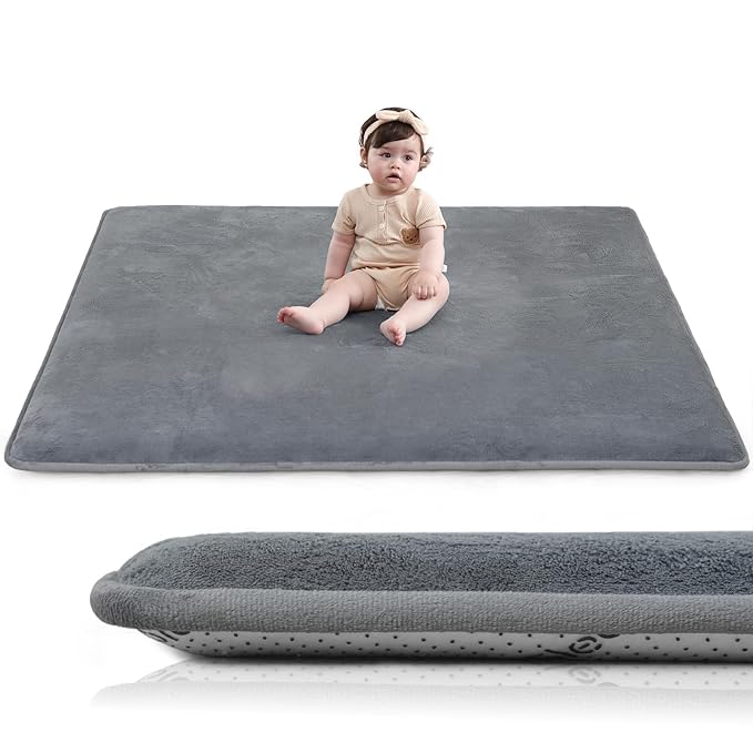 Huloo Sleep Baby Play Mat for Floor,1.3" Thick Elasti-Foam 47"×47" Playpen Mat for Tummy Time,Water Repellent Soft Coral Velvet for Toddler,Infant,Kids,Non-Slip Backing Safe for Crawling(Dark Grey)