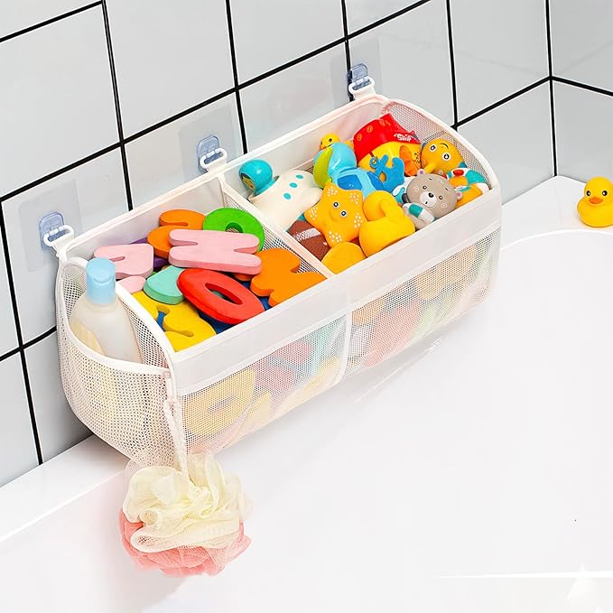 Original Two Compartment Easy-access Mesh Bath Toy Organizer for Bath Tub with Large Openings Quick Drying Cute Toddler Bath Toy Storage Holder for Baby