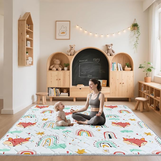 Duwenem Baby Play Mat for Floor,71x59 Inch Soft Foam Padding Crawling Mat for Playpen, Foldable and Machine Washable, Thick for Babies & Toddlers,Rainbow Fox