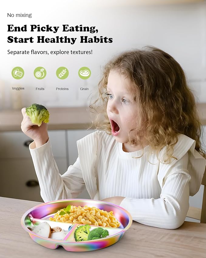 Bakpoco Stainless Steel Kids Plates 4 Packs, Deepened 9" Portion Control Plate Divided Plate for Toddlers Bigger Appetite, Non Toxic Unbreakable Metal Lunch Dishes, Colorful