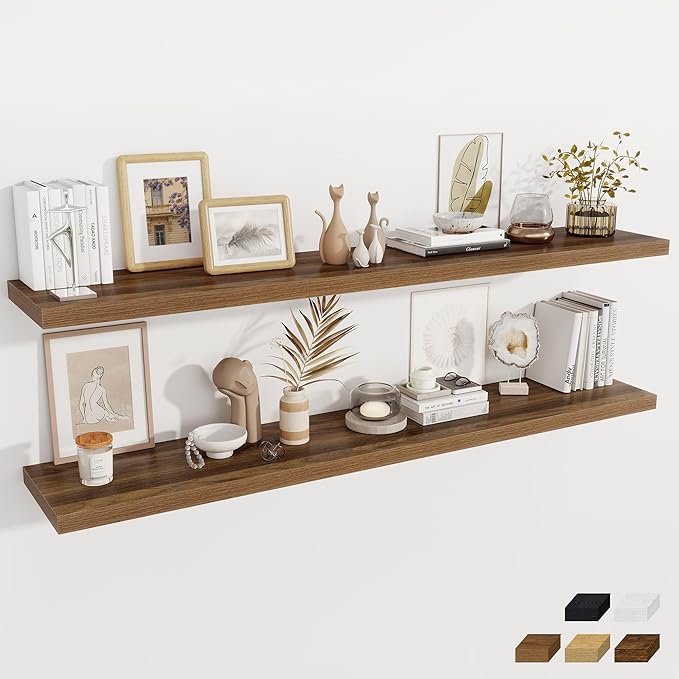 Fun Memories Walnut Deep Floating Shelves, 72 x 12 Inch Long Wall Shelves, Large Display Shelf & Storage Shelf, Wood Floating Wall Shelves for Fireplace Mantel, Living Room, Home Office - Set of 2
